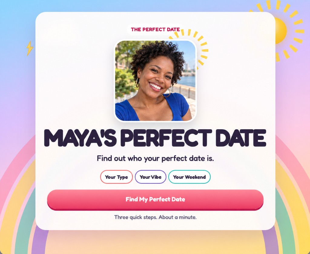 Maya's page, with her photo and a button to find her perfect date.