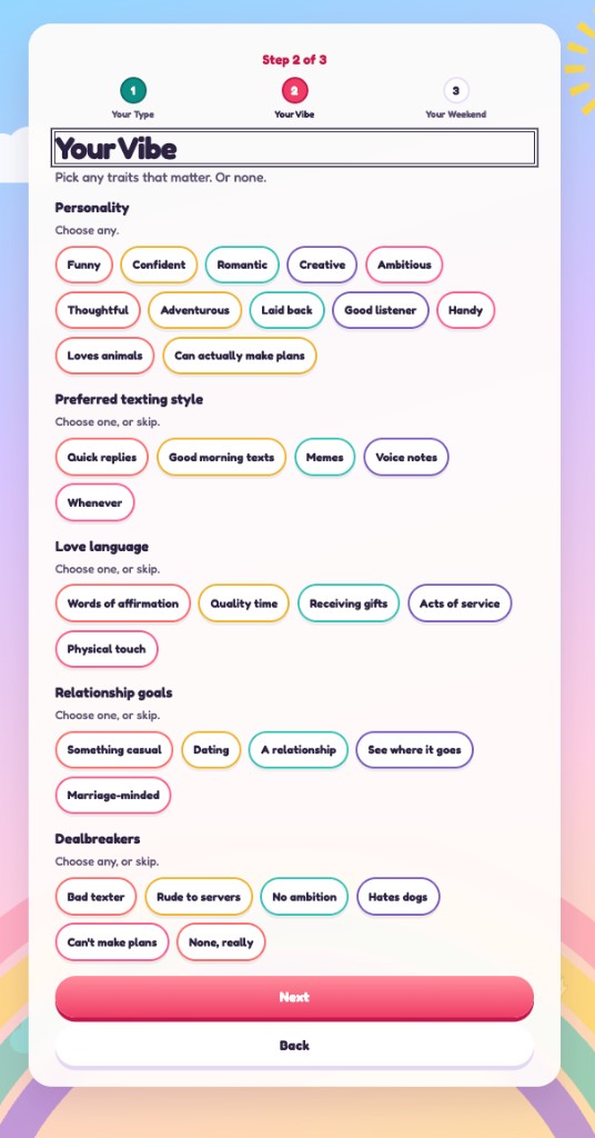 The second quiz step, about personality and relationship goals.